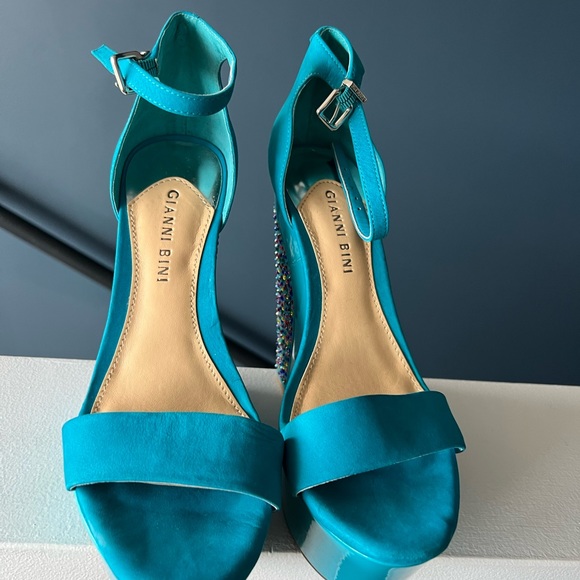 Platform, teal suede sandals with colored stones on heel,size 7.5. - Picture 3 of 5
